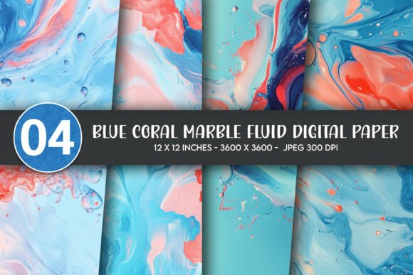 Download Blue Coral Marble Fluid Digital Paper - Fluid Collection