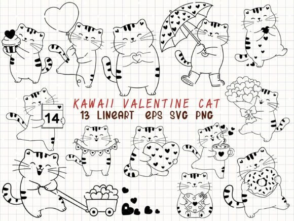 Download Kawaii Valentine Cat Line Art SVG - Svg Collection