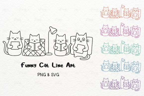 Download Funny Cat Reading Book Line Art PNG SVG - Svg Collection